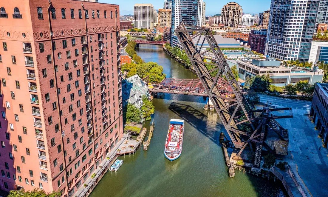 The Chicago River and its bridges from above
