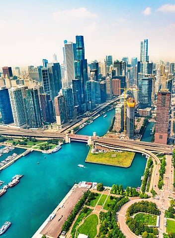 Downtown Chicago and the lakefront from above