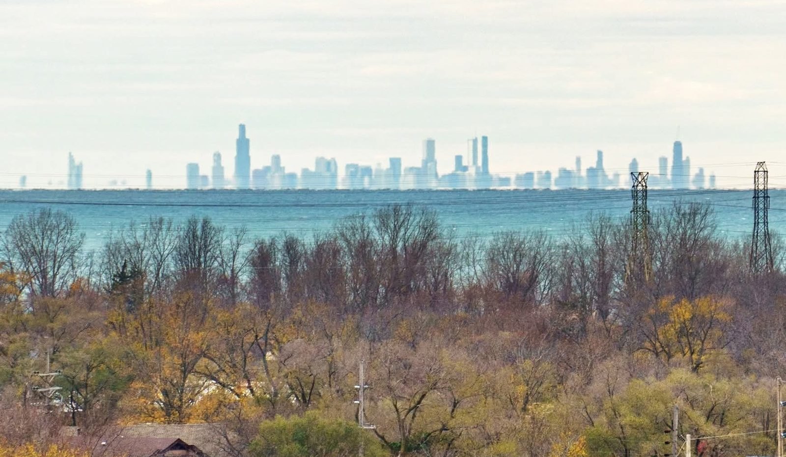 The Chicago skyline across Lake Michigan from the Indiana shore