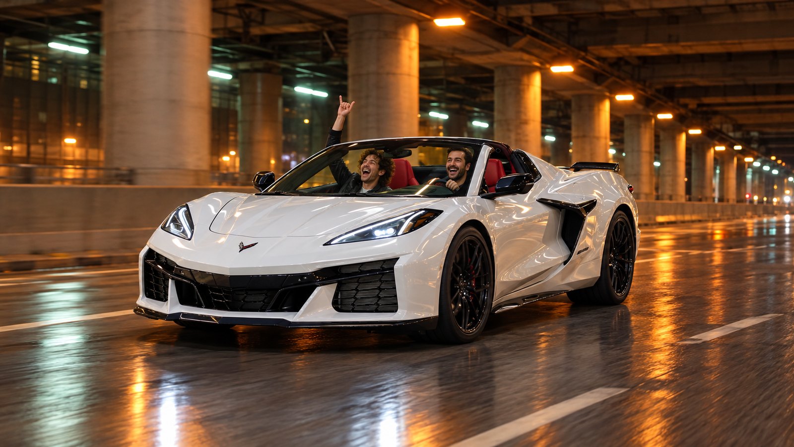 Friends cheer in a white Corvette convertible under the lights of Lower Wacker Drive