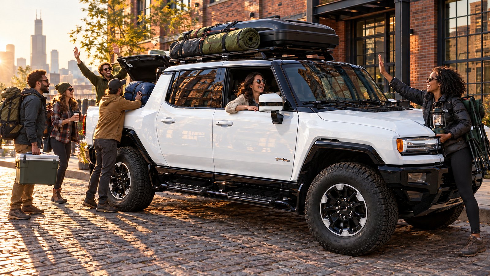 Friends load a white GMC Hummer EV for a weekend camping trip outside a Chicago loft
