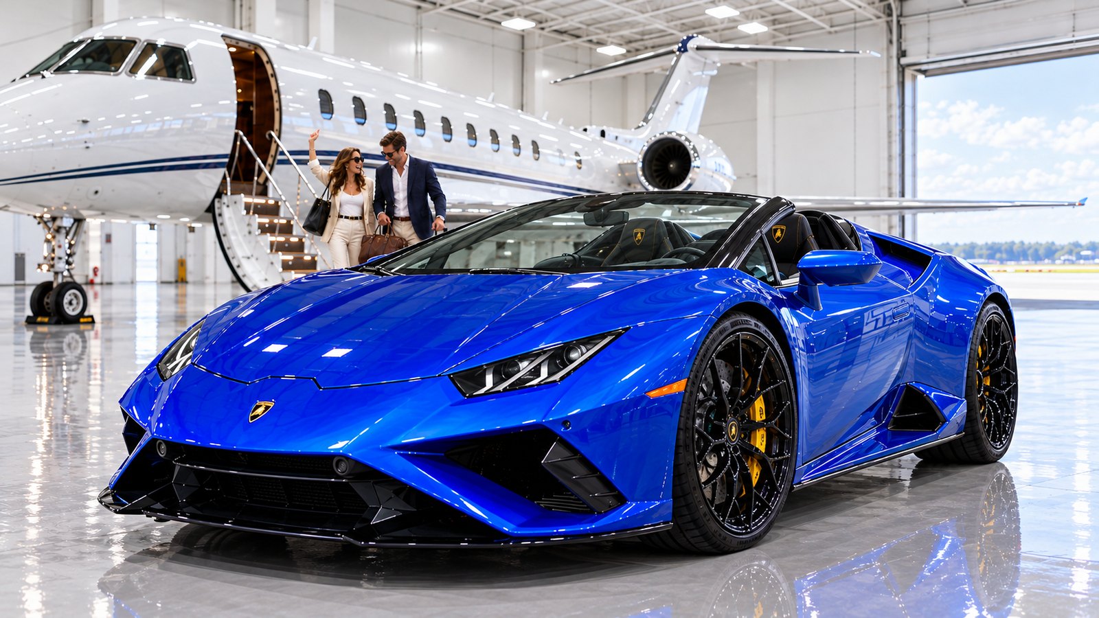 A blue Lamborghini Huracán Spyder parked by a private jet in a bright hangar