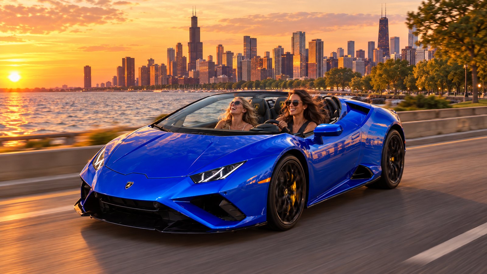Two friends ride in a blue Lamborghini Huracán Spyder on Lake Shore Drive at sunset