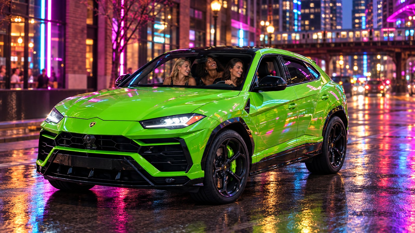 Friends on a girls night out in a green Lamborghini Urus under River North neon