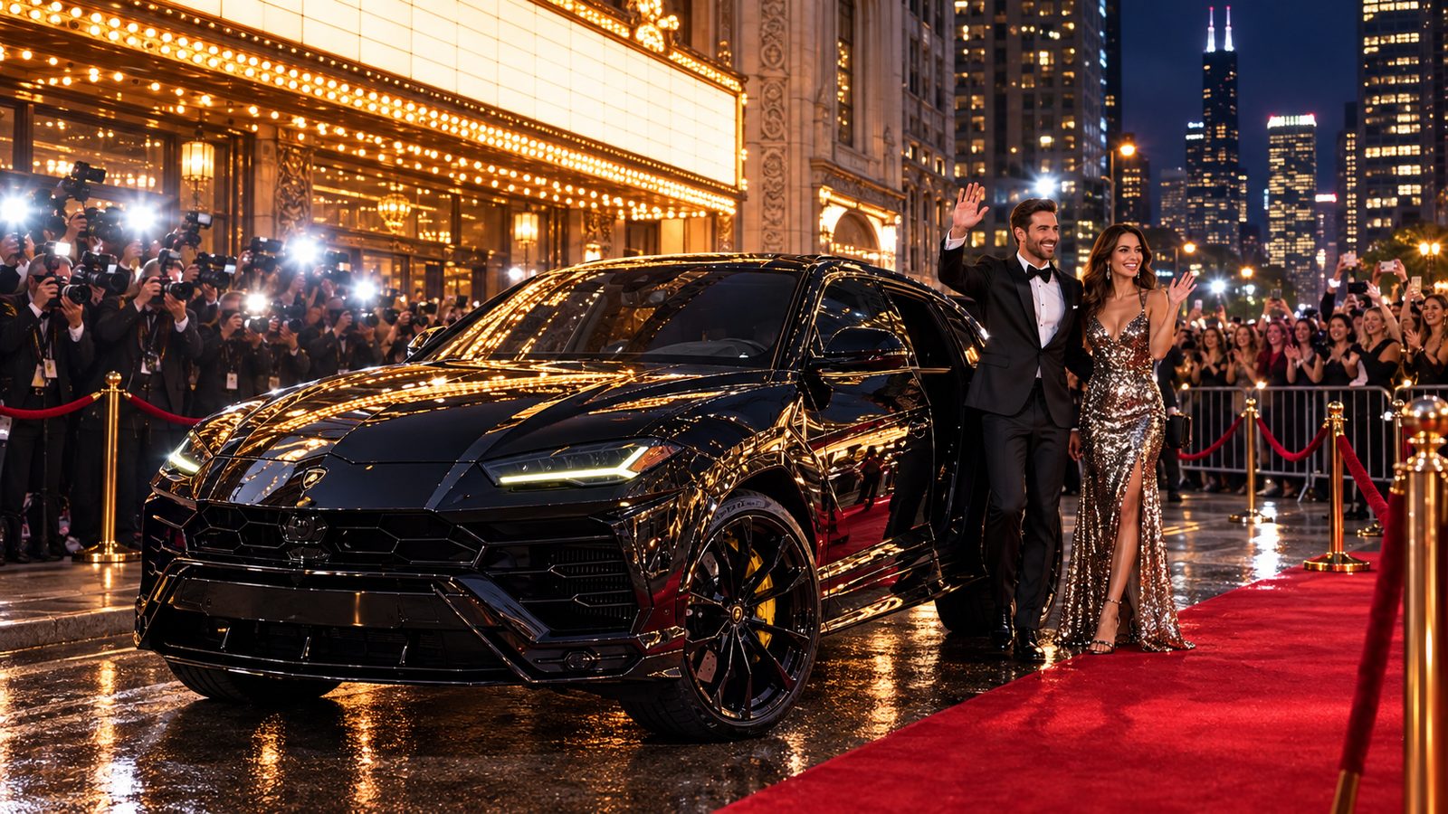A couple on a red carpet beside a black Lamborghini Urus at a Chicago premiere, photographers flashing