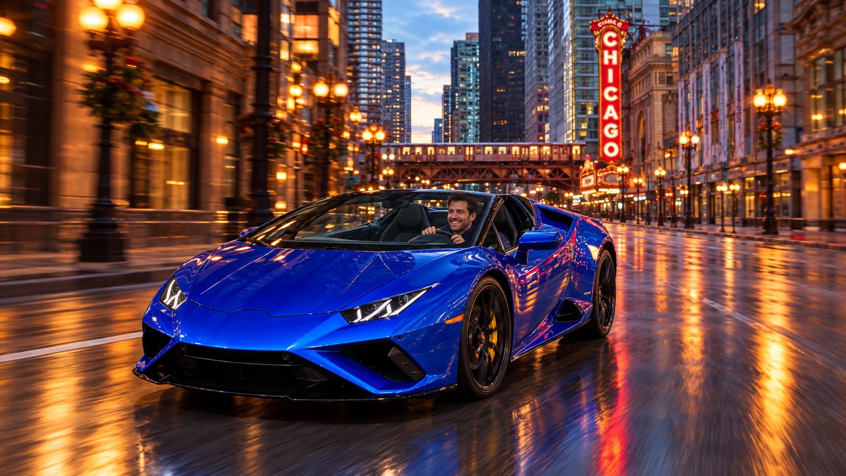Illustration: A man drives a blue Lamborghini Huracán Spyder down State Street at dusk, the Chicago Theatre sign behind