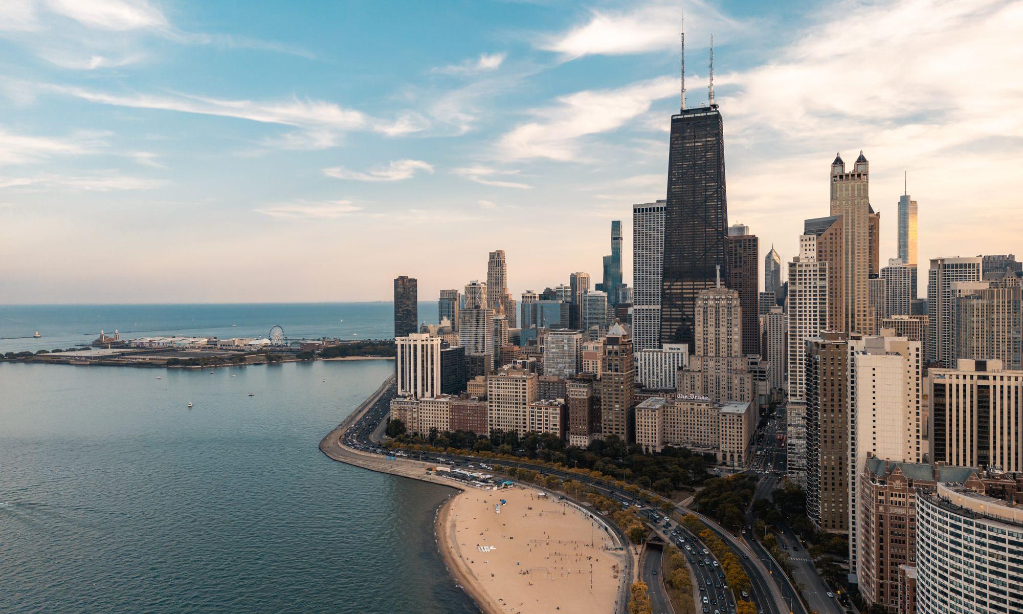 Oak Street Beach, Lake Shore Drive and the Gold Coast from the air